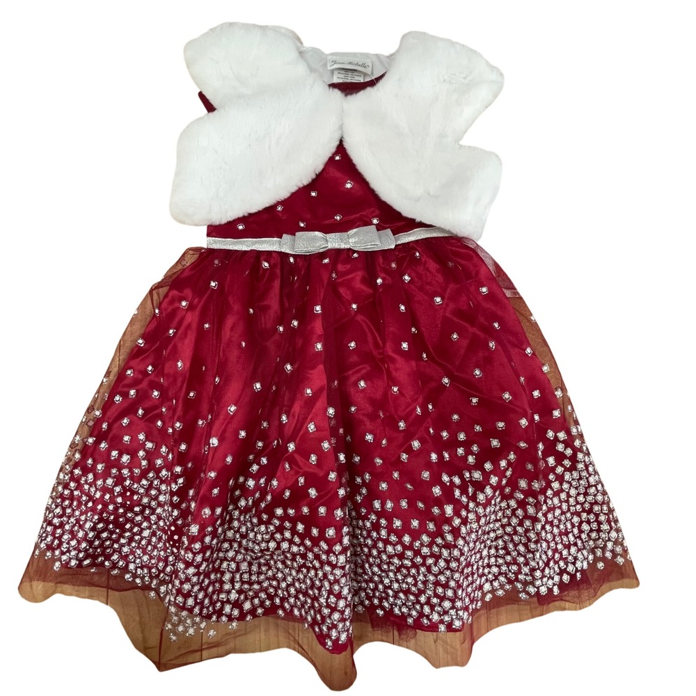 Jona Michelle Girls Red Sparkle Party Dress with Faux Fur Bolero Size 4T